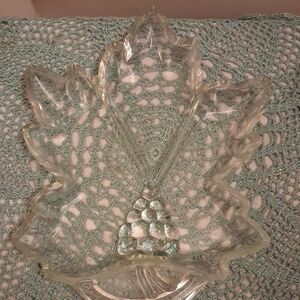 Clear pressed glass grape leaf-shaped divided serving dish by Indiana Glass Comp